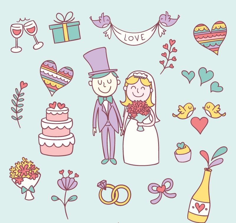 17 mod¨¨les de mariage de bande dessin¨¦e ¨¦l¨¦ment mat¨¦riel de vecteur