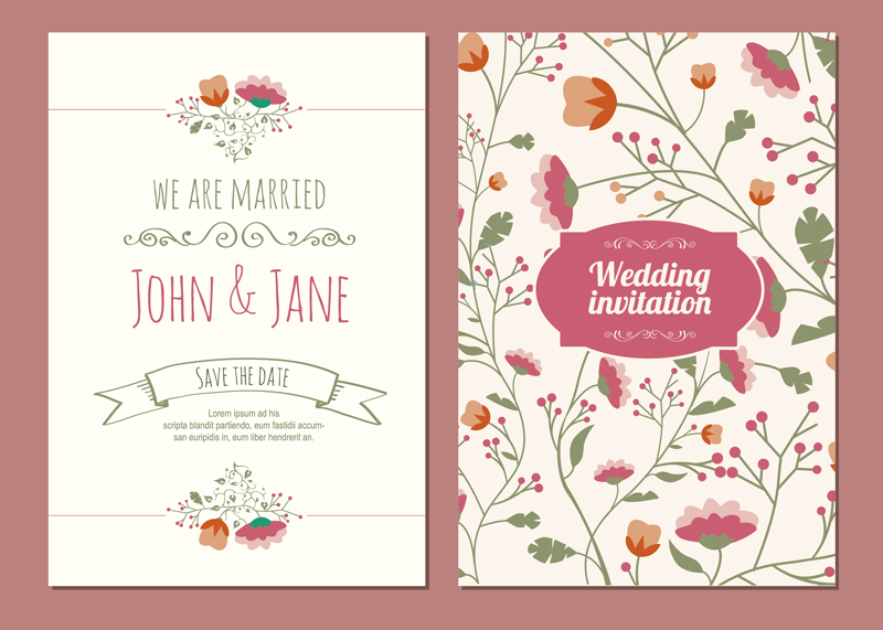 Cartoon invitations fleurs de mariage vecteur matriel
