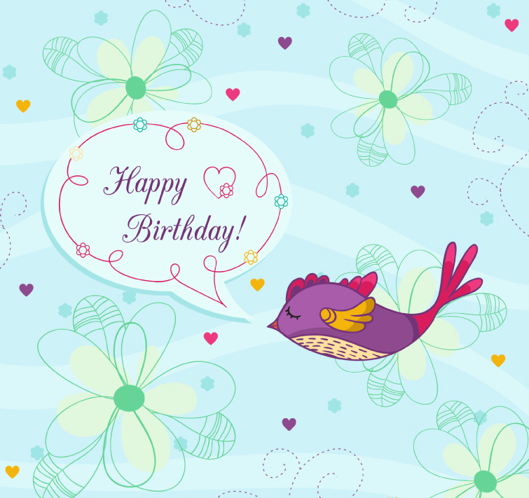 Des fleurs et des oiseaux peints carte d'anniversaire vecteur matriel
