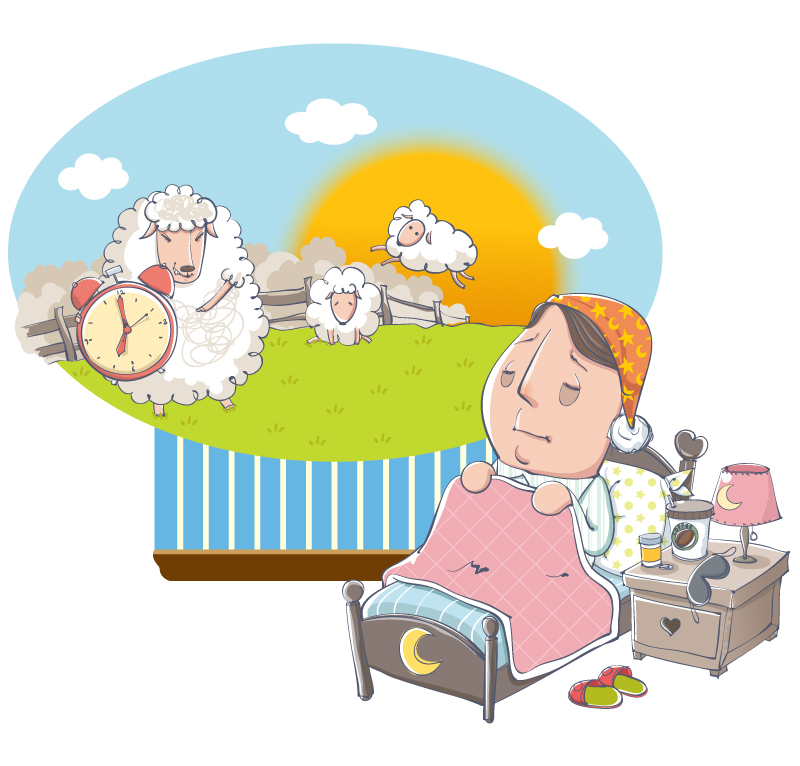 Cartoon homme insomnie compter les moutons vecteur mat¨¦riel illustrateur