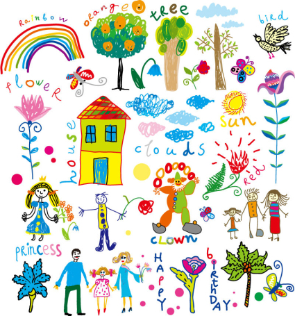 24 dessins ¨¦l¨¦ment mat¨¦riel de vecteur pour l'enfance peints ¨¤ la main