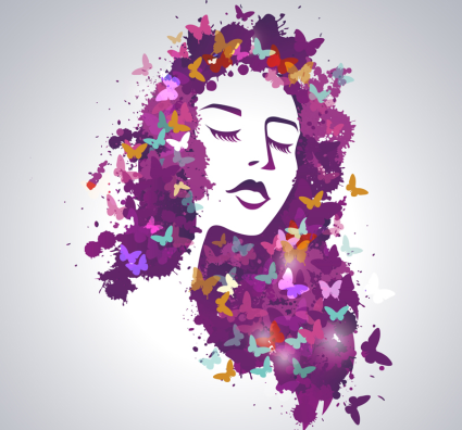 Aquarelle fille papillon avec du mat¨¦riel de vecteur de cheveux longs