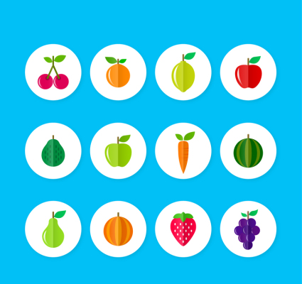 12 fruits et l¨¦gumes plats icône vecteur