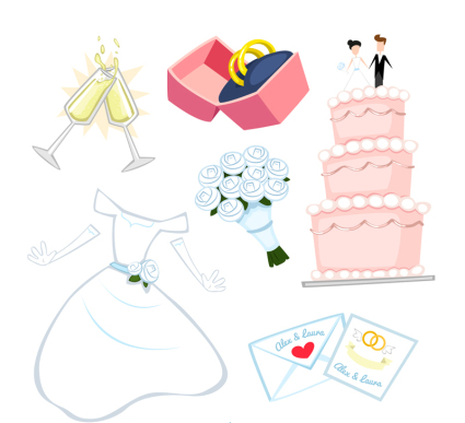 6 Vector ¨¦l¨¦ments de mariage de bande dessin¨¦e