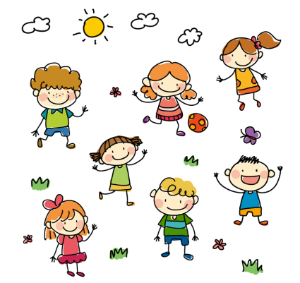 7 enfants peints en jouant Vecteur