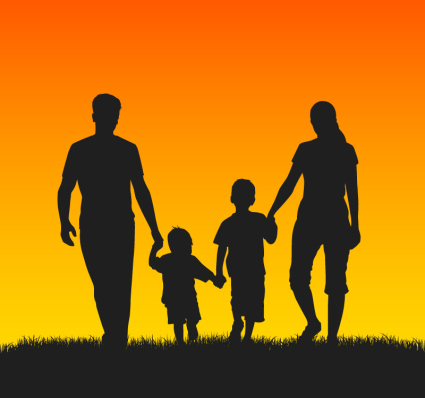 Famille de quatre sunset silhouette Vecteur