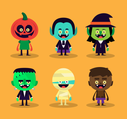 6 Halloween personnages de dessins anims vecteur matriel