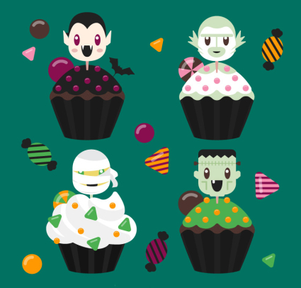 4 petits gâteaux Halloween ludiques Vecteur