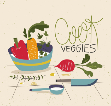 L¨¦gumes color¨¦s et ustensiles de cuisine vecteur mat¨¦riel