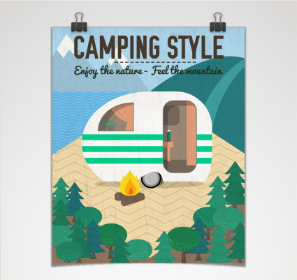 VR de camping dessin anim¨¦ vecteur mat¨¦riel d'affiche