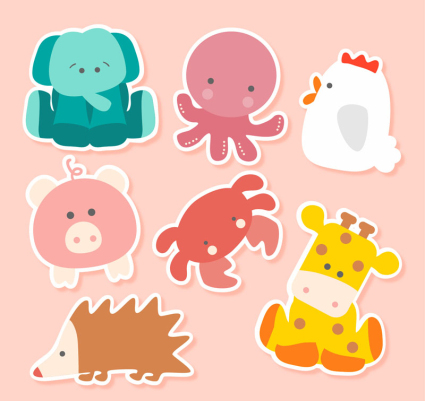 Sept autocollants mignons animaux vecteur mat¨¦riel