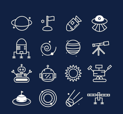 16 mod¨¨les de l'exploration spatiale icône vecteur