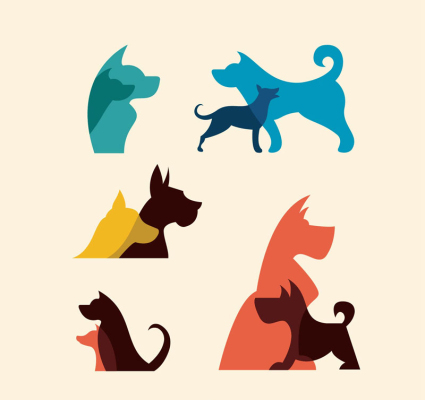 5 couleurs silhouettes de chien de compagnie vecteur