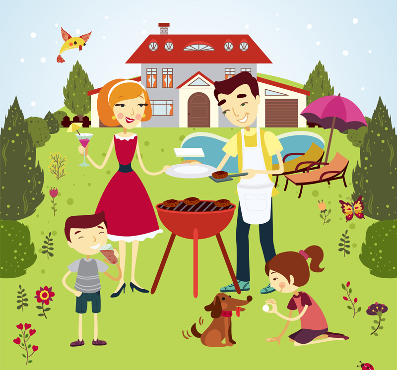 famille Barbecue ext¨¦rieur de quatre vecteur mat¨¦riel