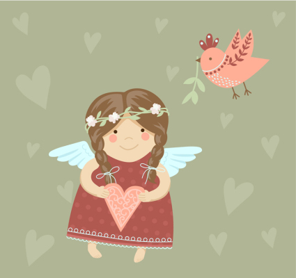 Cute girl ange et oiseaux vecteur mat¨¦riel