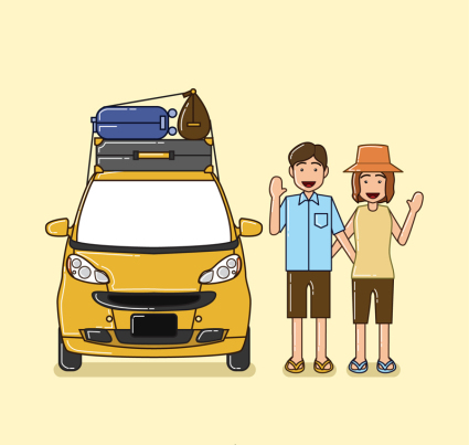 couple cr¨¦atif voyageant par mat¨¦riel vecteur de voiture