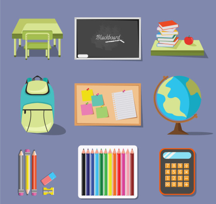 9 caricature mat¨¦riel fournitures scolaires vecteur