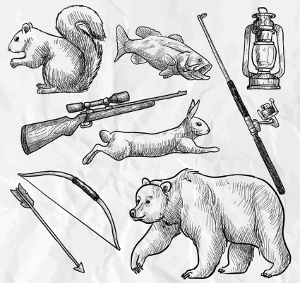 8 ¨¦l¨¦ments de chasse forestiers peints ¨¤ la main vecteur mat¨¦riel