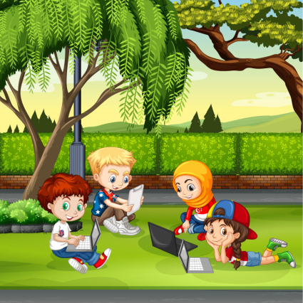 4 enfants de dessin anim¨¦ ¨¦tude de vecteur mat¨¦riel groupe