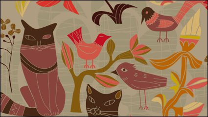 Les oiseaux de bande dessine de style de dcoration et les chats 01 - vecteur