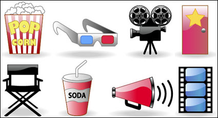 Movie billets, maïs souffl, des lunettes, appareil photo, les icônes vectorielles