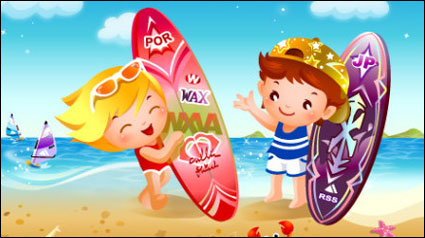 Plage pour les enfants de surf matriel vecteur