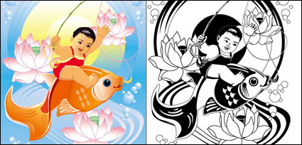Peintures, lotus, de poissons, vecteur Goldfish