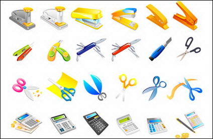 Agrafeuse, couteau, ciseaux, calculatrice, stylos