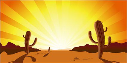 Cactus, coucher de soleil, dsert, vecteur chaud