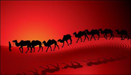 Camel Silhouette Sunset Desert Caravan Vector fond rouge